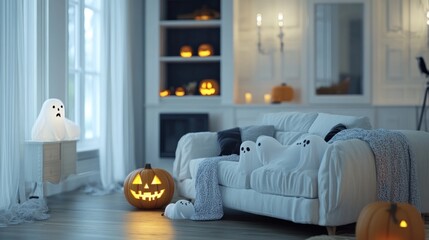 A cozy living room decorated for Halloween with ghosts and pumpkins.