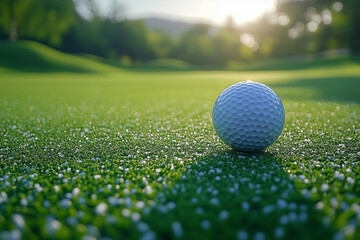 Obraz premium Morning tranquility on the golf course with a golf ball resting on lush green grass and the sun rising in the background