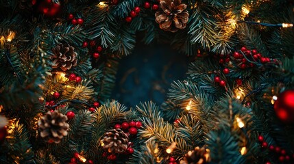 Festive Christmas Decorations with Lights and Holly Pine Wreath