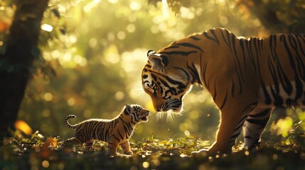 Mother tiger and cub in forest, golden light.