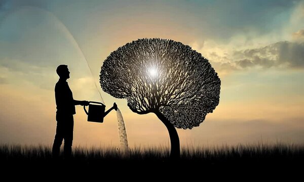 Concept: growth of mind and knowledge, creativity and improvement, intelligence and education. Silhouette of a man watering a tree in the shape of a human brain.