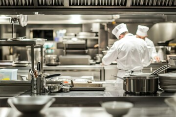 Dynamic culinary action in a professional kitchen chefs at work in a stainless steel environment focus on culinary craftsmanship and efficiency