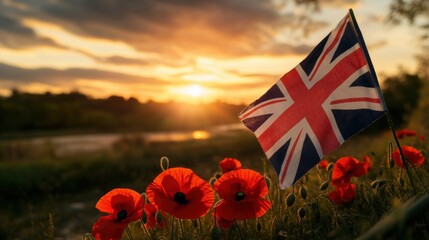 Sunset Remembrance Poppies And British Flag