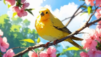 Bright yellow bird in cherry blossoms landscape, perfect for segue, bridge, transition 