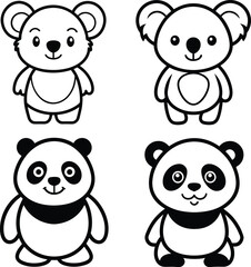 A Cute Koala And panda Line art vector illustration