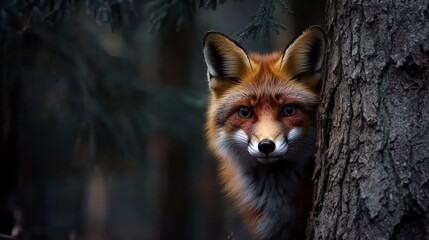 Fototapeta premium A curious red fox peeking from behind a tree in a dark forest setting.
