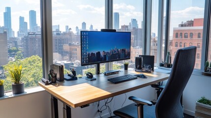 Modern Office Workspace With City Skyline View