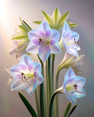 Fototapeta premium Beautiful Amaryllis flowers with translucent petals showcasing iridescent hues, creating a surreal and magical ambiance, cool spectrum amaryllis flowers. Created with generative AI