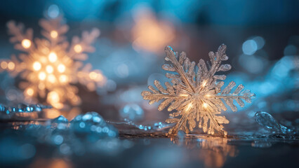 Floating luminous snowflakes glowing in vibrant cyan and white, surrounded by soft misty light effects