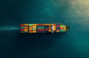 Fototapeta premium A cargo ship sailing across the vast ocean, symbolizing global trade and transportation, with containers stacked high, reflecting the essential role of shipping in the world's economy.