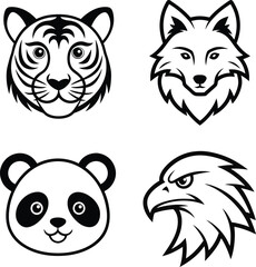 A Set Of Wildlife Animals Head Line Art Vector Illustration.