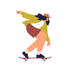 Woman riding skateboard. Girl on skate board. Happy young female skater enjoying active street sport on longboard. Modern outdoor activity. Flat vector illustration isolated on white background © Good Studio