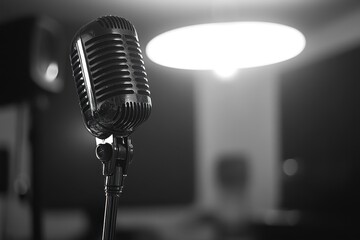 A vintage microphone stands in focus, symbolizing music and performance in a dimly lit space.