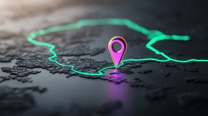 A dark gray background with a simplified map of a continent outlined in neon green. A large, pulsating purple location pin marks a specific city, representing a music festival or a major cultural