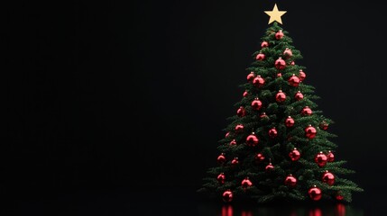 A decorated Christmas tree with red ornaments and a star on top against a black background.
