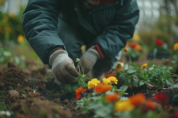 A gardener planting vibrant flowers in a lush, colorful garden bed.