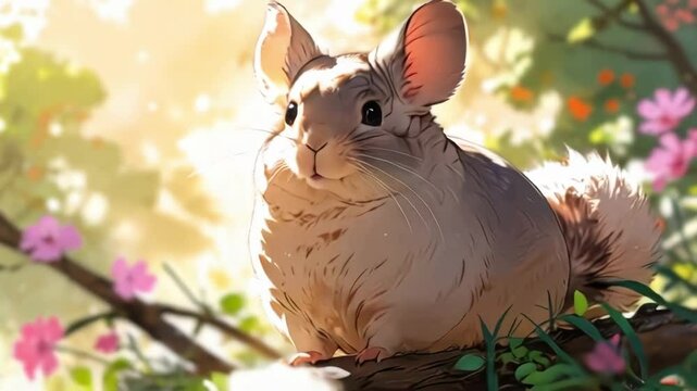 cartoon anime chinchilla in forest, flowers and sunlight, perfect for segue, bridge, transition
