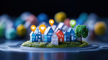 An infographic style isometric city map with color coded sections representing different neighborhoods and their demographics. Location pins with statistical data highlight key urban issues,