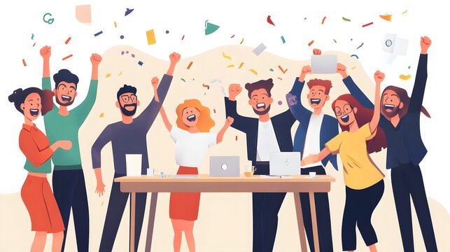 17. A group of workers celebrating with cheerful expressions after achieving a significant work goal