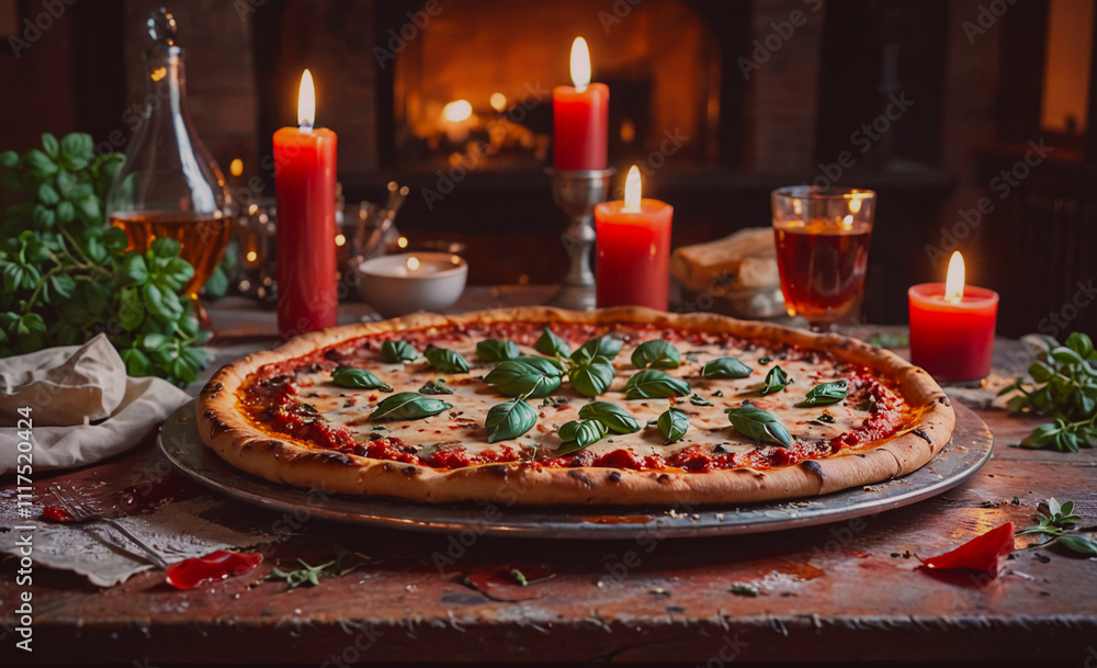 Poster Pizza with basil and cheese on top of a table. There are candles on the table as well