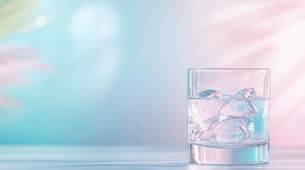 Single Glass of Water with Ice on Colorful Soft Background