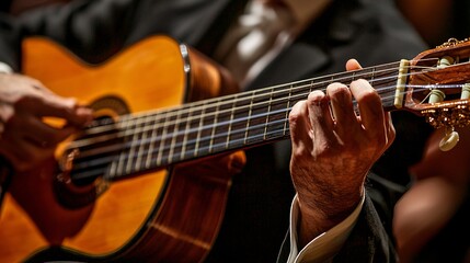 Obraz premium Masterful Guitar Performance: Precision Strumming with Reflective Lighting and Dynamic Audience Background