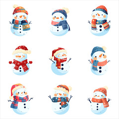 A set of Snowmen in a hat and scarf decorated with snowflakes. Isolated on a white background