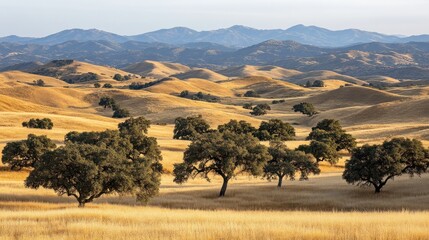 Golden Hills Rolling Landscape With Scattered Trees