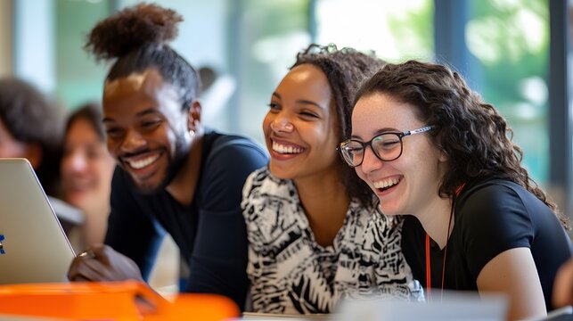 27. A diverse team smiling and chatting happily while looking over their completed work in a collaborative environment