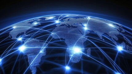 A digital representation of a connected world with glowing networks across continents.