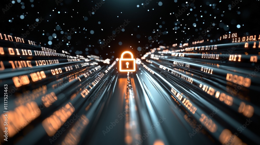 Poster a dark background with a glowing padlock at the center, surrounded by binary code and data packets t