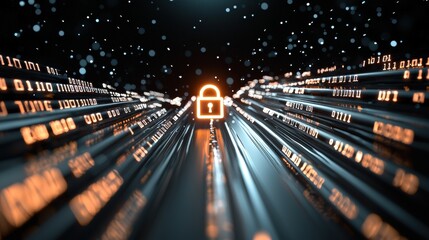 A dark background with a glowing padlock at the center, surrounded by binary code and data packets traveling along secure pathways, depicting encrypted data flow.