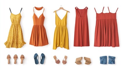 Summer dresses, sandals, and denim shorts on white.