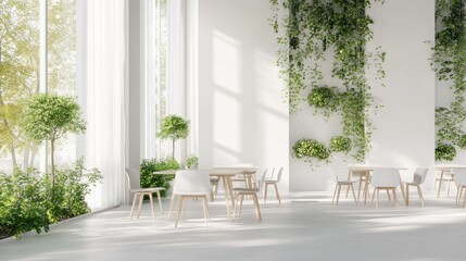 Modern minimalist cafe design with abundant natural greenery