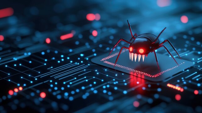 A digital illustration of a bug icon with sharp teeth and glowing red eyes, symbolizing the malicious intent of cybercriminals and the importance of strong cybersecurity defenses.