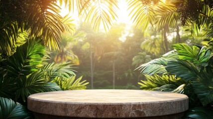 Wooden Platform Surrounded by Lush Green Tropical Foliage