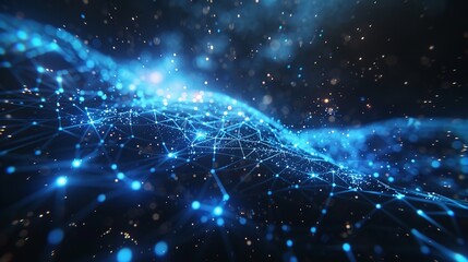 Abstract Plexus Blue Geometrical Shapes. Connection And Web Concept. Digital, Communication And Technology Network Background With Moving Lines And Dots