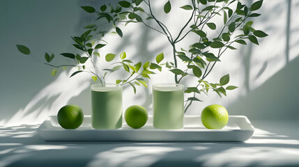 Serene Still Life Illustration: Two Glasses of Green Drink with Limes and Leaf Shadows