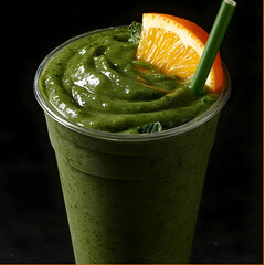 Refreshing Green Smoothie in a Plastic Cup with Orange and Mint Garnish - A Vibrant Food Photo