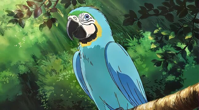 Blue parrot in rainforest, sun rays, perfect for segue, bridge, transition
