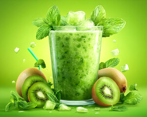 Refreshing Kiwi Mint Smoothie Illustration with Ice Cubes and Green Background