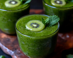 Refreshing Kiwi Mint Green Smoothie in Glass - A Close-Up Photo