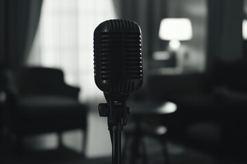 A vintage microphone stands in a dimly lit room, hinting at music or performance.