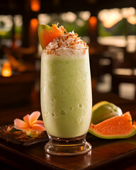 Refreshing Green Papaya Smoothie with Coconut Flakes -  A Delicious Tropical Drink Photography