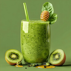 Refreshing Kiwi Spinach Smoothie 3D Illustration with Honey