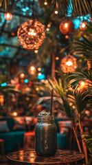 Vibrant Nighttime Tropical Bar Scene with Refreshing Green Smoothie in Mason Jar