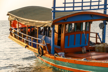 Crab fishing boat resting on the shore in Ket, Cambodia