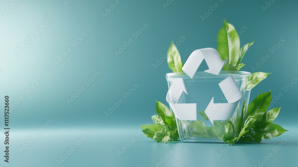 Poster recycle symbol in 3d with green leaves and empty container display