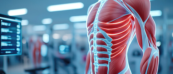 Anatomy model showcasing human muscles in a modern gym setting.