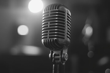 A vintage-style microphone in black and white, suggesting music and performance.